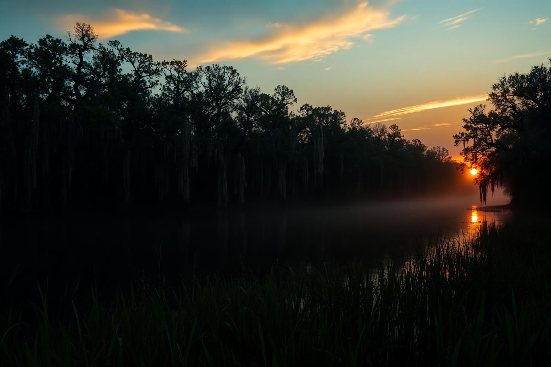 Louisiana bayou at dusk with cypress trees and Spanish moss